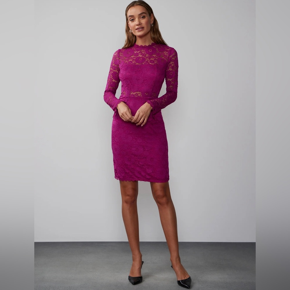 NWT NY&Co Long Sleeve Scallop Lace Sheath Dress | Large | Violet Gem